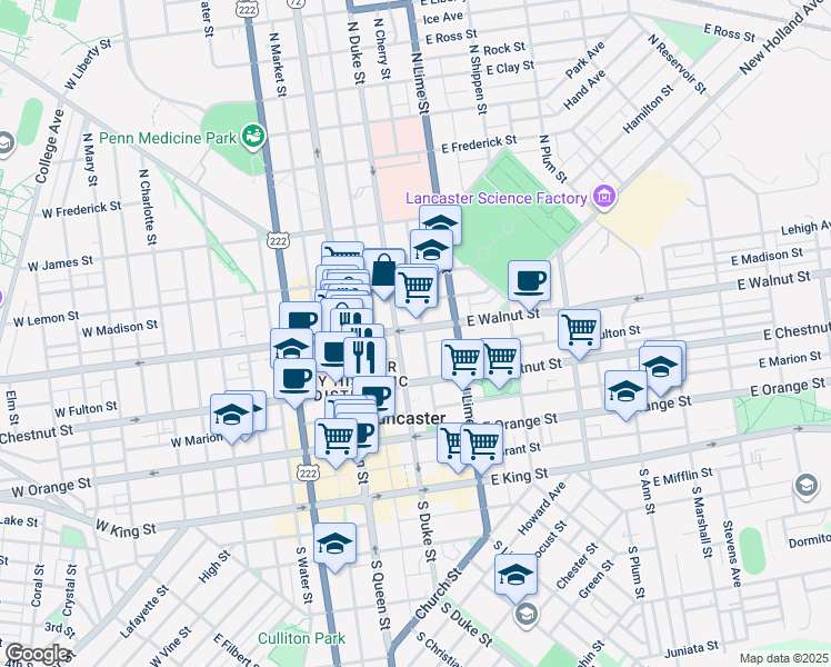 map of restaurants, bars, coffee shops, grocery stores, and more near 112 East Walnut Street in Lancaster
