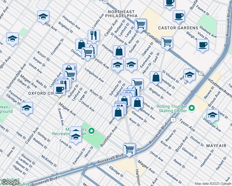 map of restaurants, bars, coffee shops, grocery stores, and more near 6846 Oakland Street in Philadelphia