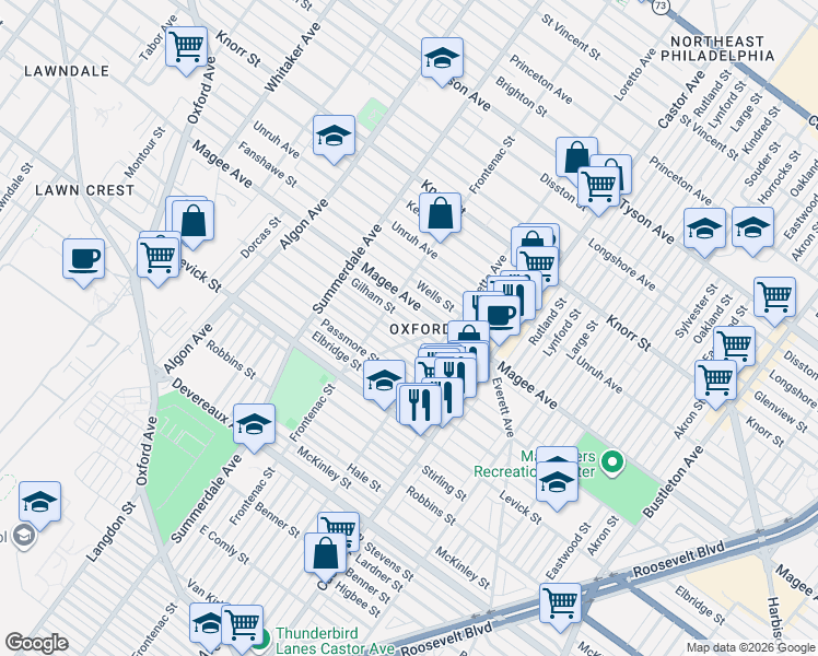 map of restaurants, bars, coffee shops, grocery stores, and more near 1337 Greeby Street in Philadelphia