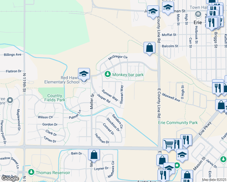 map of restaurants, bars, coffee shops, grocery stores, and more near 60 Jordan Lane in Erie