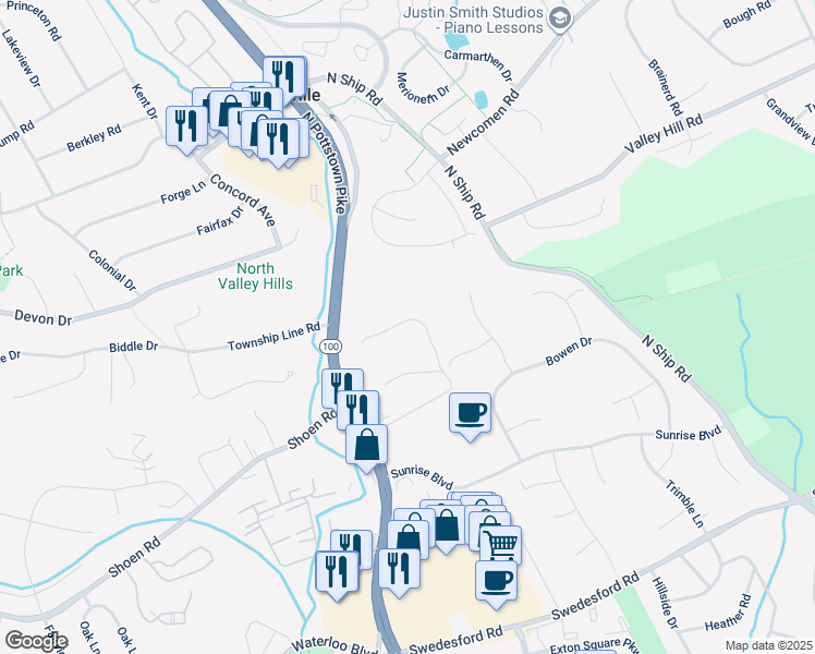 map of restaurants, bars, coffee shops, grocery stores, and more near 122 Whiteland Hills Circle in Exton