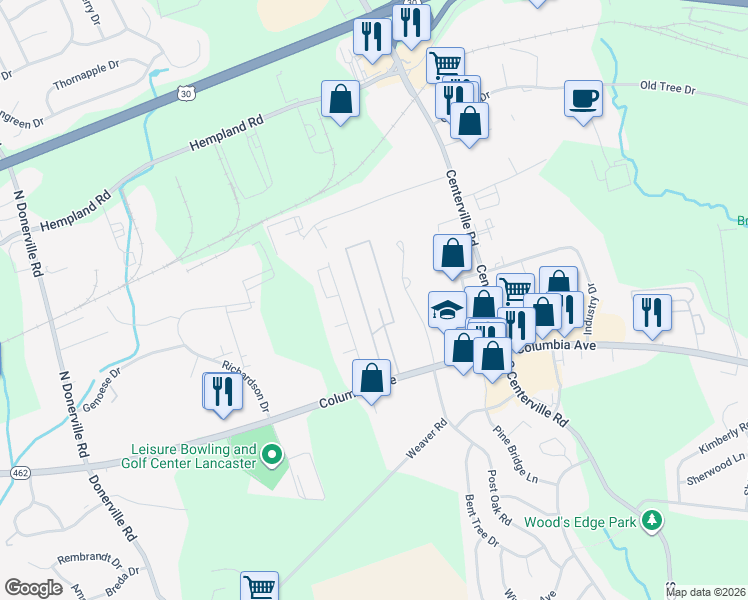 map of restaurants, bars, coffee shops, grocery stores, and more near 3223 Columbia Avenue in Lancaster