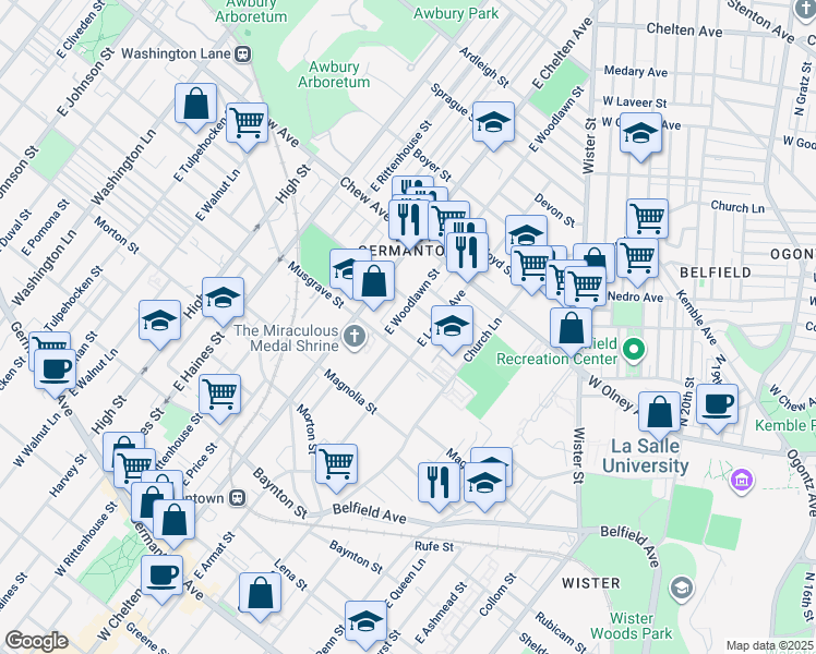 map of restaurants, bars, coffee shops, grocery stores, and more near 5627 Stokes Street in Philadelphia