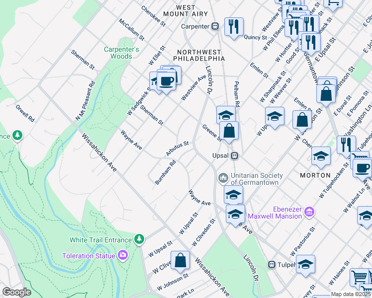 map of restaurants, bars, coffee shops, grocery stores, and more near 511 Burnham Road in Philadelphia