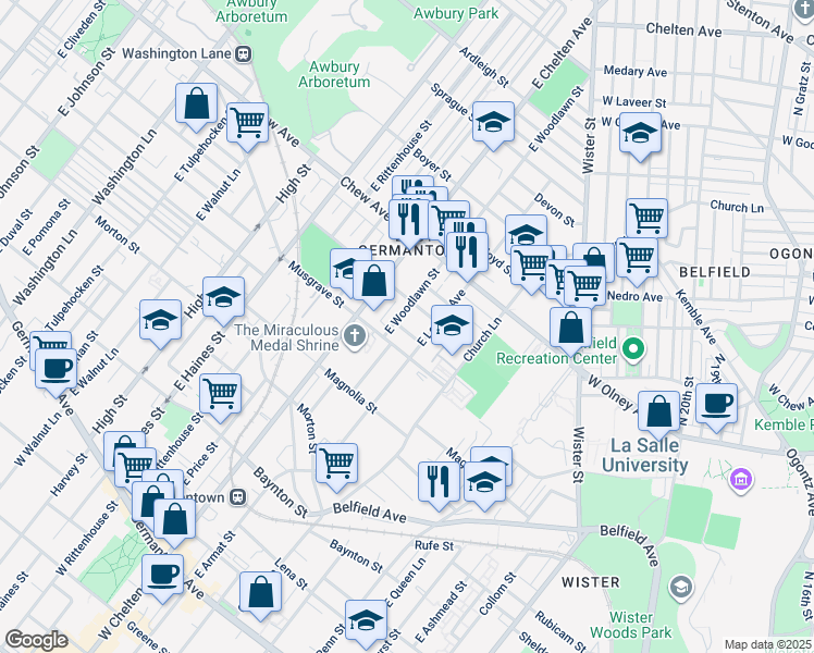 map of restaurants, bars, coffee shops, grocery stores, and more near 5627 Stokes Street in Philadelphia