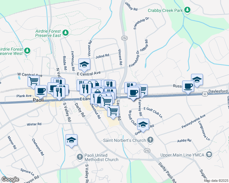 map of restaurants, bars, coffee shops, grocery stores, and more near 335 Paoli Pointe Drive in Paoli