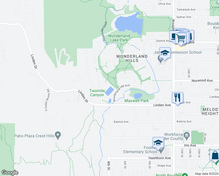 map of restaurants, bars, coffee shops, grocery stores, and more near 3712 Wonderland Hill Circle in Boulder