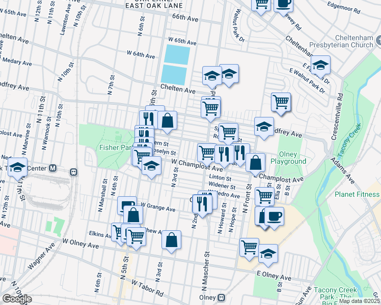 map of restaurants, bars, coffee shops, grocery stores, and more near 6033 North American Street in Philadelphia