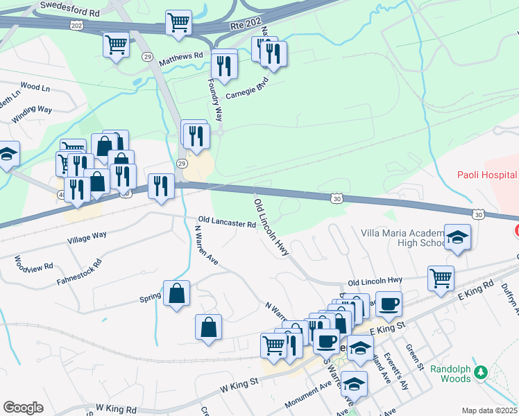 map of restaurants, bars, coffee shops, grocery stores, and more near 4 Old Lincoln Highway in Malvern