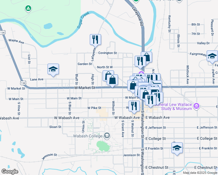 map of restaurants, bars, coffee shops, grocery stores, and more near 3794 U.S. 136 in Crawfordsville