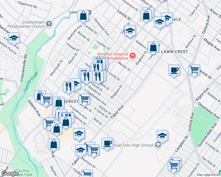 map of restaurants, bars, coffee shops, grocery stores, and more near 580 1/2 Van Kirk Street in Philadelphia