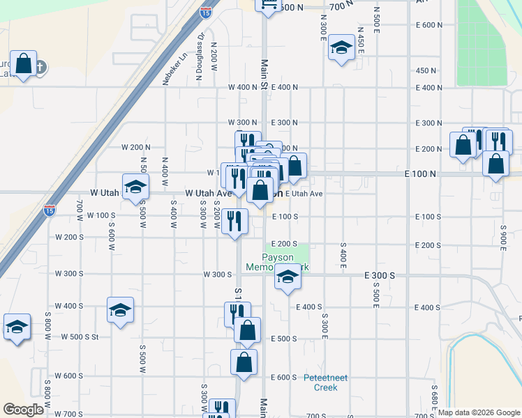 map of restaurants, bars, coffee shops, grocery stores, and more near 25 East 100 North in Payson