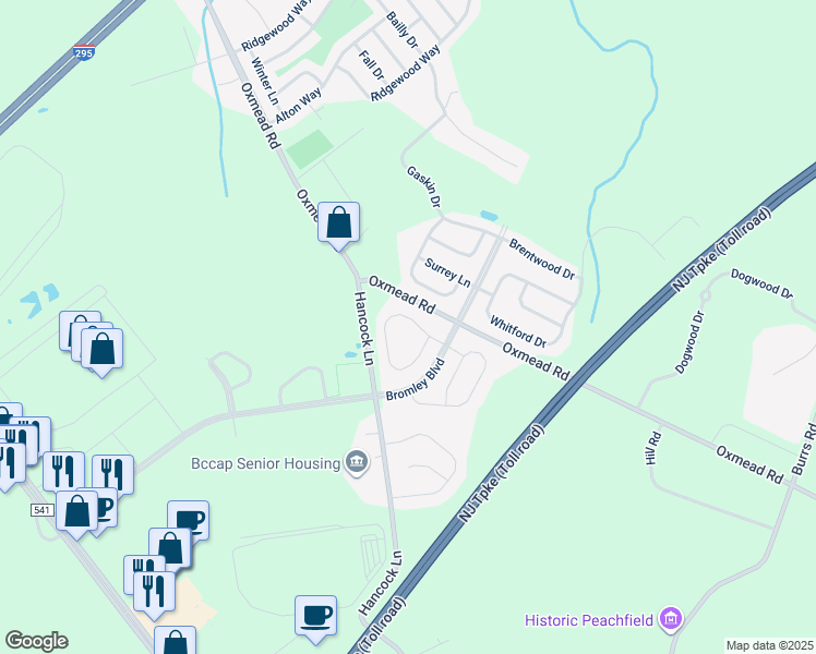 map of restaurants, bars, coffee shops, grocery stores, and more near 47 Goldspire Lane in Burlington