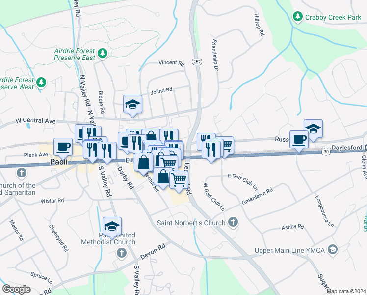 map of restaurants, bars, coffee shops, grocery stores, and more near 523 Paoli Pointe Drive in Paoli