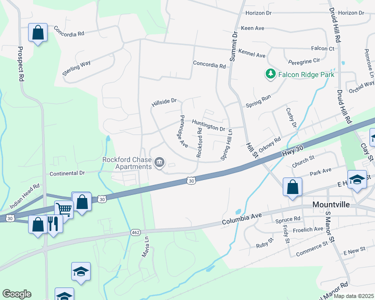 map of restaurants, bars, coffee shops, grocery stores, and more near 46 Spring Hill Lane in Mountville