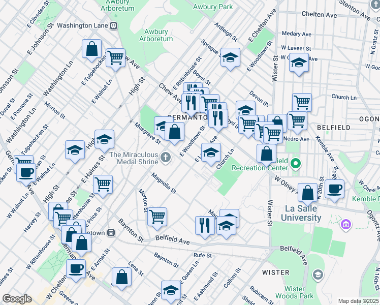 map of restaurants, bars, coffee shops, grocery stores, and more near 5629 Stokes Street in Philadelphia