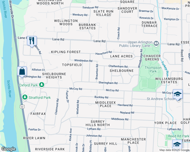 map of restaurants, bars, coffee shops, grocery stores, and more near 4306 Harborough Road in Columbus