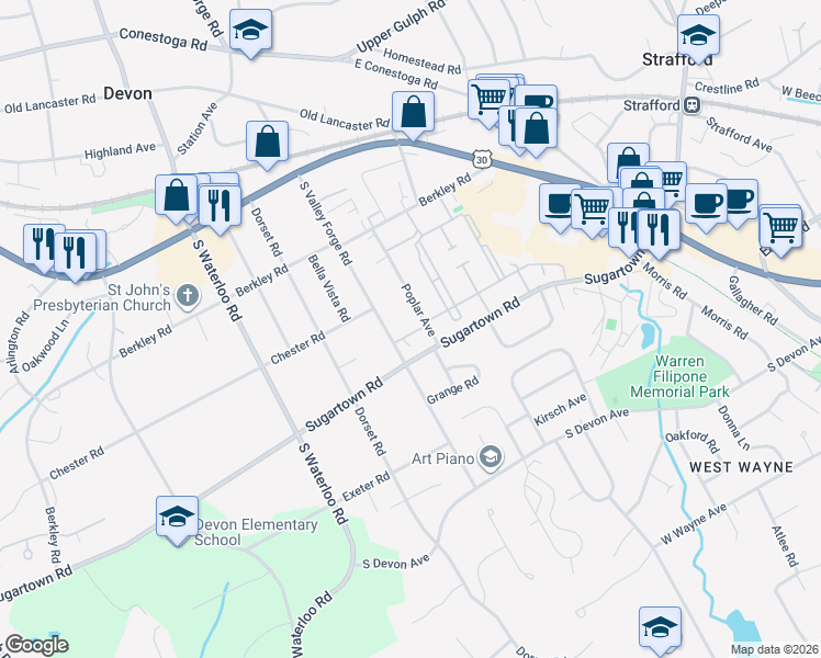 map of restaurants, bars, coffee shops, grocery stores, and more near 315 South Valley Forge Road in Devon