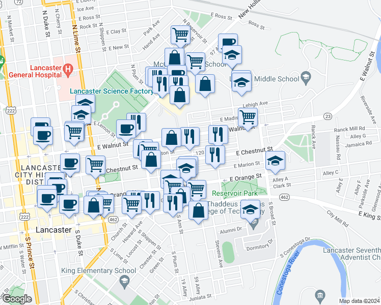 map of restaurants, bars, coffee shops, grocery stores, and more near 218 North Marshall Street in Lancaster