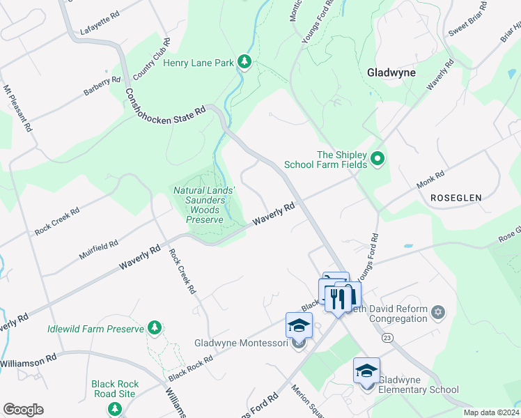 map of restaurants, bars, coffee shops, grocery stores, and more near 504 Scott Road in Gladwyne