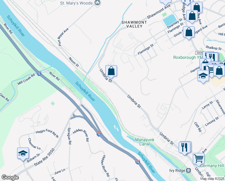 map of restaurants, bars, coffee shops, grocery stores, and more near 15 Shawmont Avenue in Philadelphia