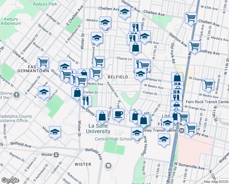 map of restaurants, bars, coffee shops, grocery stores, and more near Conlyn St & Kemble Ave in Philadelphia