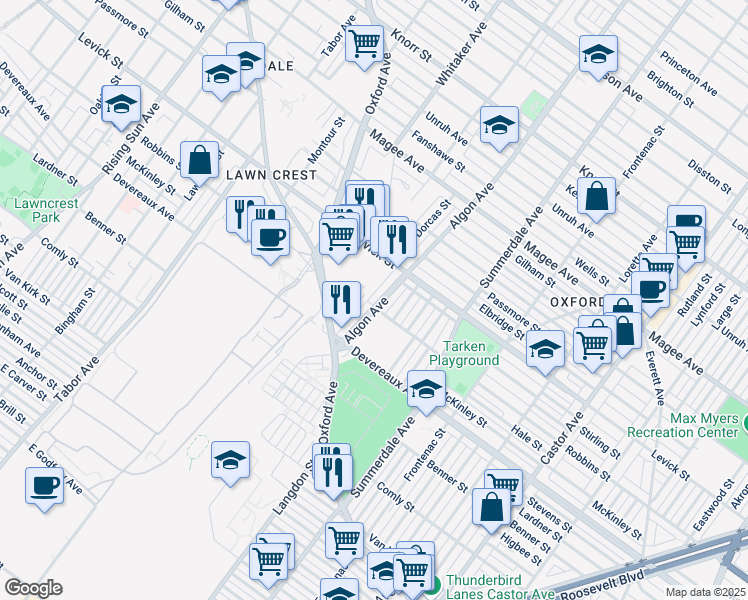 map of restaurants, bars, coffee shops, grocery stores, and more near 6238 Algon Avenue in Philadelphia