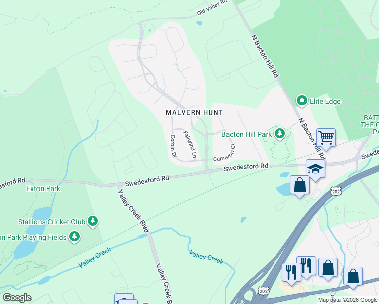 map of restaurants, bars, coffee shops, grocery stores, and more near 9 Corbin Drive in Exton