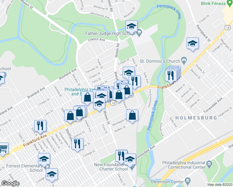 map of restaurants, bars, coffee shops, grocery stores, and more near 3606 Welsh Road in Philadelphia