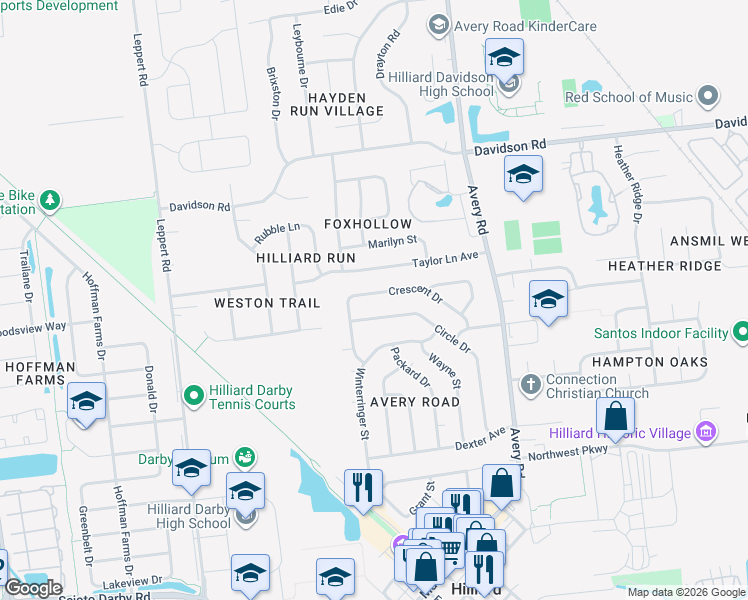 map of restaurants, bars, coffee shops, grocery stores, and more near 5377 Crescent Drive in Hilliard