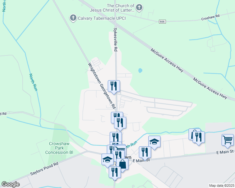map of restaurants, bars, coffee shops, grocery stores, and more near 527 Sykesville Road in Wrightstown