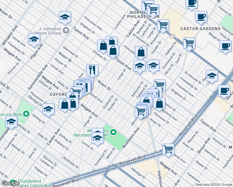 map of restaurants, bars, coffee shops, grocery stores, and more near 6732 Kindred Street in Philadelphia