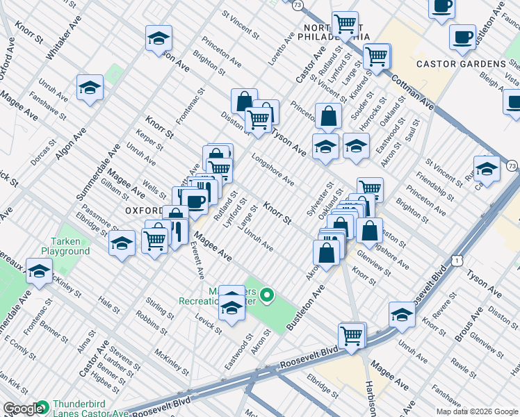 map of restaurants, bars, coffee shops, grocery stores, and more near 6732 Kindred Street in Philadelphia