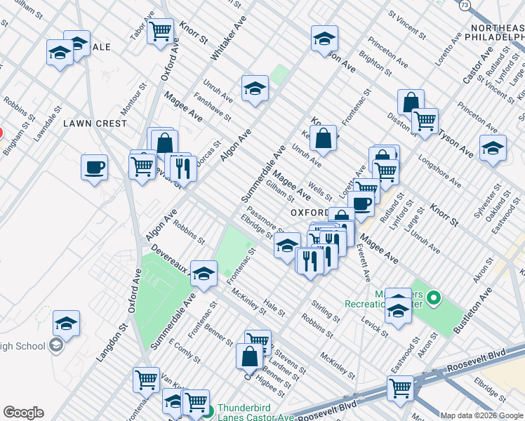 map of restaurants, bars, coffee shops, grocery stores, and more near 1232 Passmore Street in Philadelphia