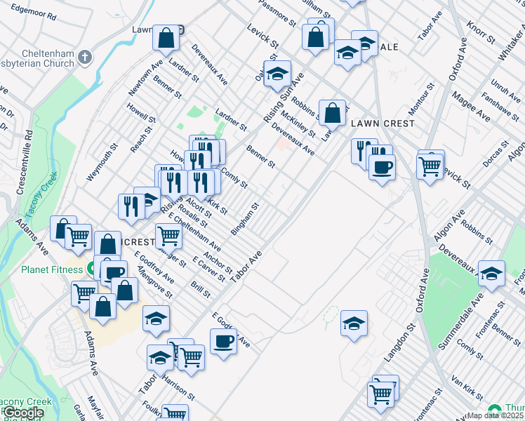 map of restaurants, bars, coffee shops, grocery stores, and more near 5917 Bingham Street in Philadelphia