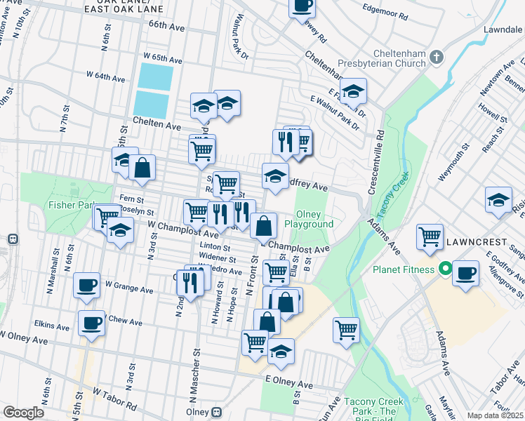 map of restaurants, bars, coffee shops, grocery stores, and more near 87 Fern Street in Philadelphia