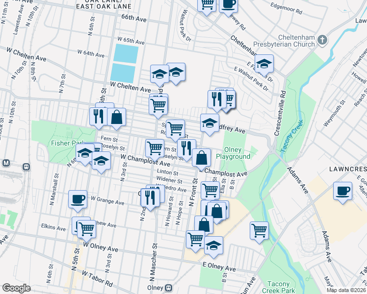 map of restaurants, bars, coffee shops, grocery stores, and more near 128 Fern Street in Philadelphia