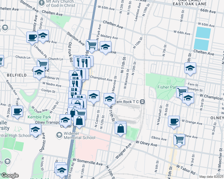 map of restaurants, bars, coffee shops, grocery stores, and more near 5900 North Marvine Street in Philadelphia