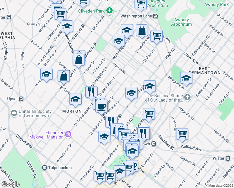 map of restaurants, bars, coffee shops, grocery stores, and more near 6111 Baynton Street in Philadelphia