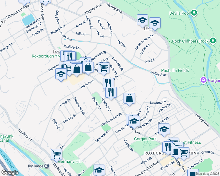 map of restaurants, bars, coffee shops, grocery stores, and more near 6804 Ridge Avenue in Philadelphia