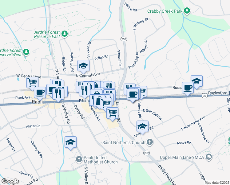map of restaurants, bars, coffee shops, grocery stores, and more near 121 Lancaster Avenue in Paoli