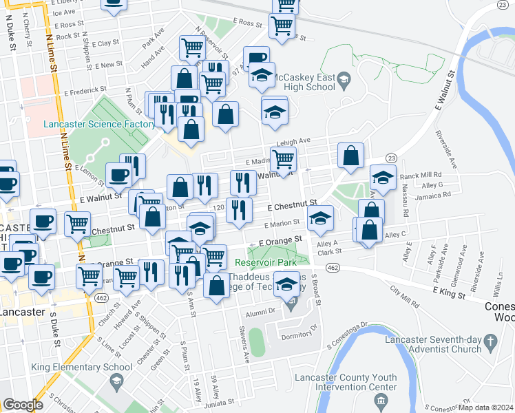 map of restaurants, bars, coffee shops, grocery stores, and more near 700 Pennsylvania 23 in Lancaster