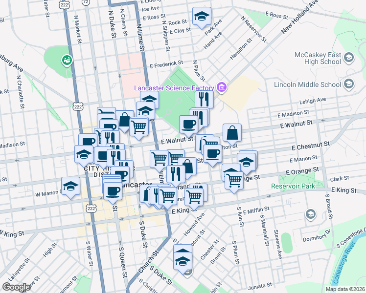 map of restaurants, bars, coffee shops, grocery stores, and more near 240 East Fulton Street in Lancaster