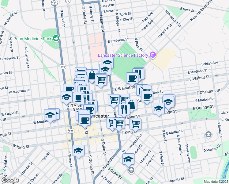 map of restaurants, bars, coffee shops, grocery stores, and more near 223 North Lime Street in Lancaster