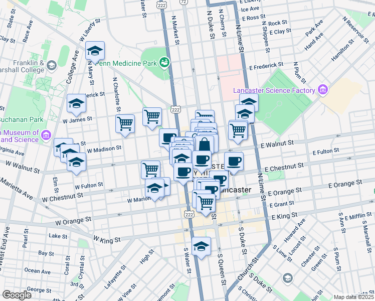 map of restaurants, bars, coffee shops, grocery stores, and more near in Lancaster