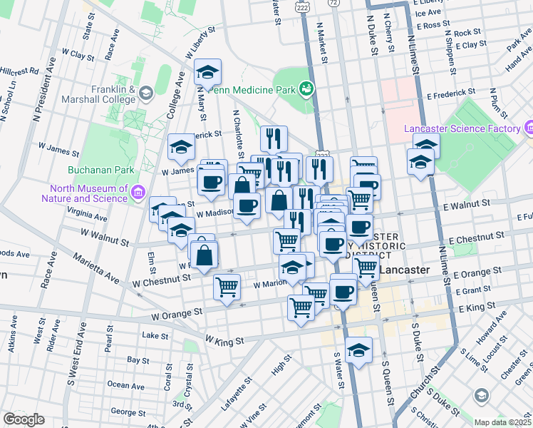 map of restaurants, bars, coffee shops, grocery stores, and more near 312 North Concord Street in Lancaster