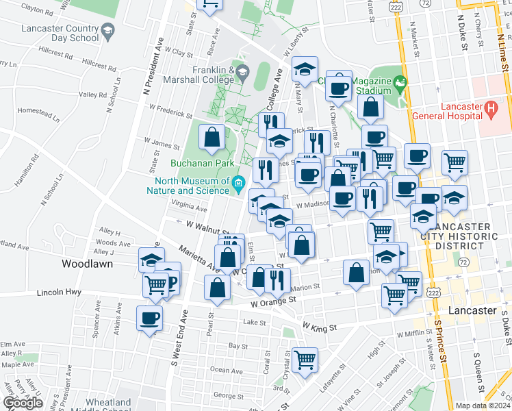 map of restaurants, bars, coffee shops, grocery stores, and more near 340 Nevin Street in Lancaster