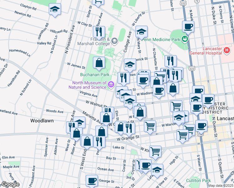 map of restaurants, bars, coffee shops, grocery stores, and more near 350 College Avenue in Lancaster