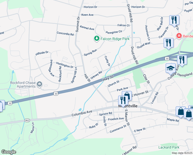 map of restaurants, bars, coffee shops, grocery stores, and more near 171 Hill Street in Mountville