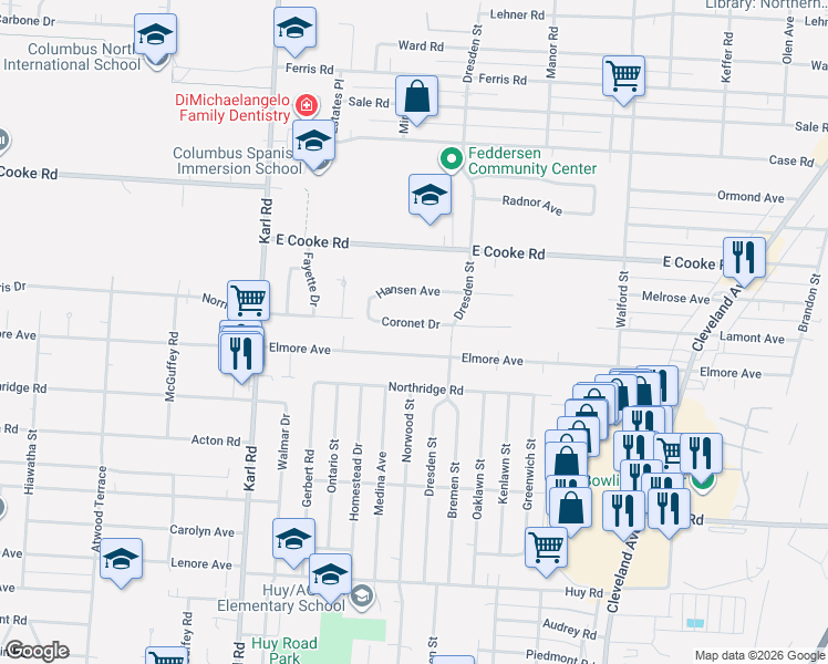 map of restaurants, bars, coffee shops, grocery stores, and more near 1648 Elmore Avenue in Columbus